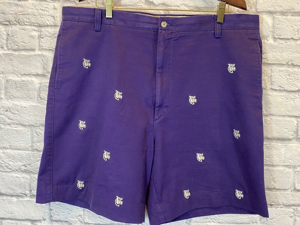 Mens Purple Bulldog Shorts 42 Washed Stoned & Beaten Embroidered 7” Inseam A610